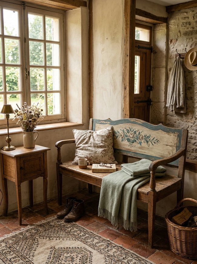 Vintage Floral Entryway Bench