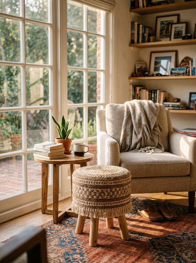 Boho Woven Basket Stool