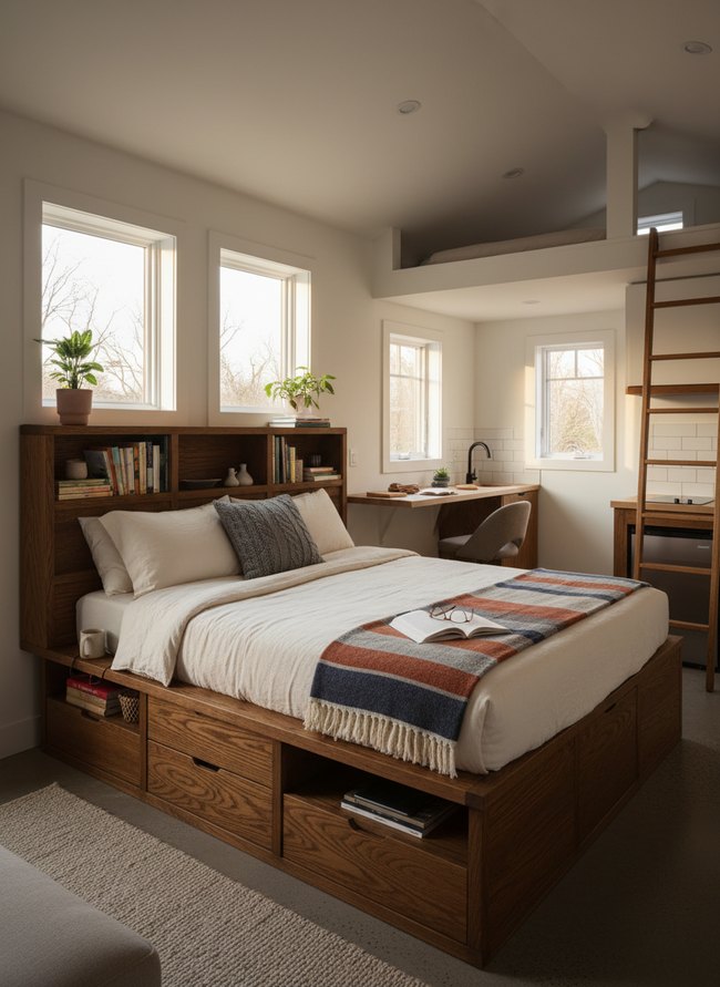 Platform Bookshelf Headboard Bed