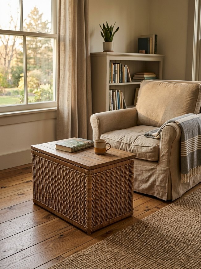 Farmhouse Rattan Ottoman Bin
