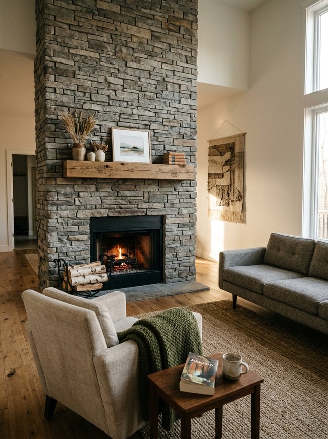 Stacked Stone Fireplace