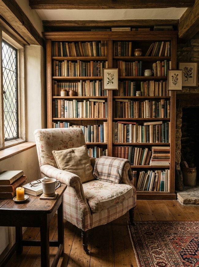 Antique Bookshelf Reading